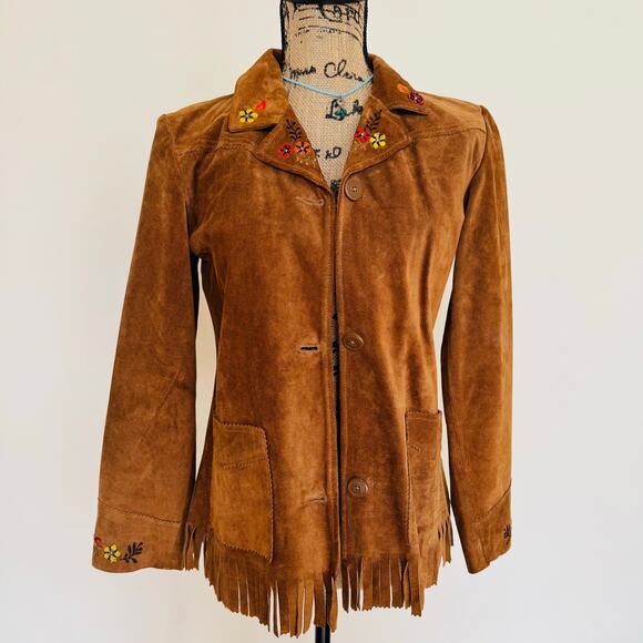 GAP Girls Cow Suede Fringe Embroidered Blazer Jacket KIDS XXL Womens XS Small - Picture 1 of 12
